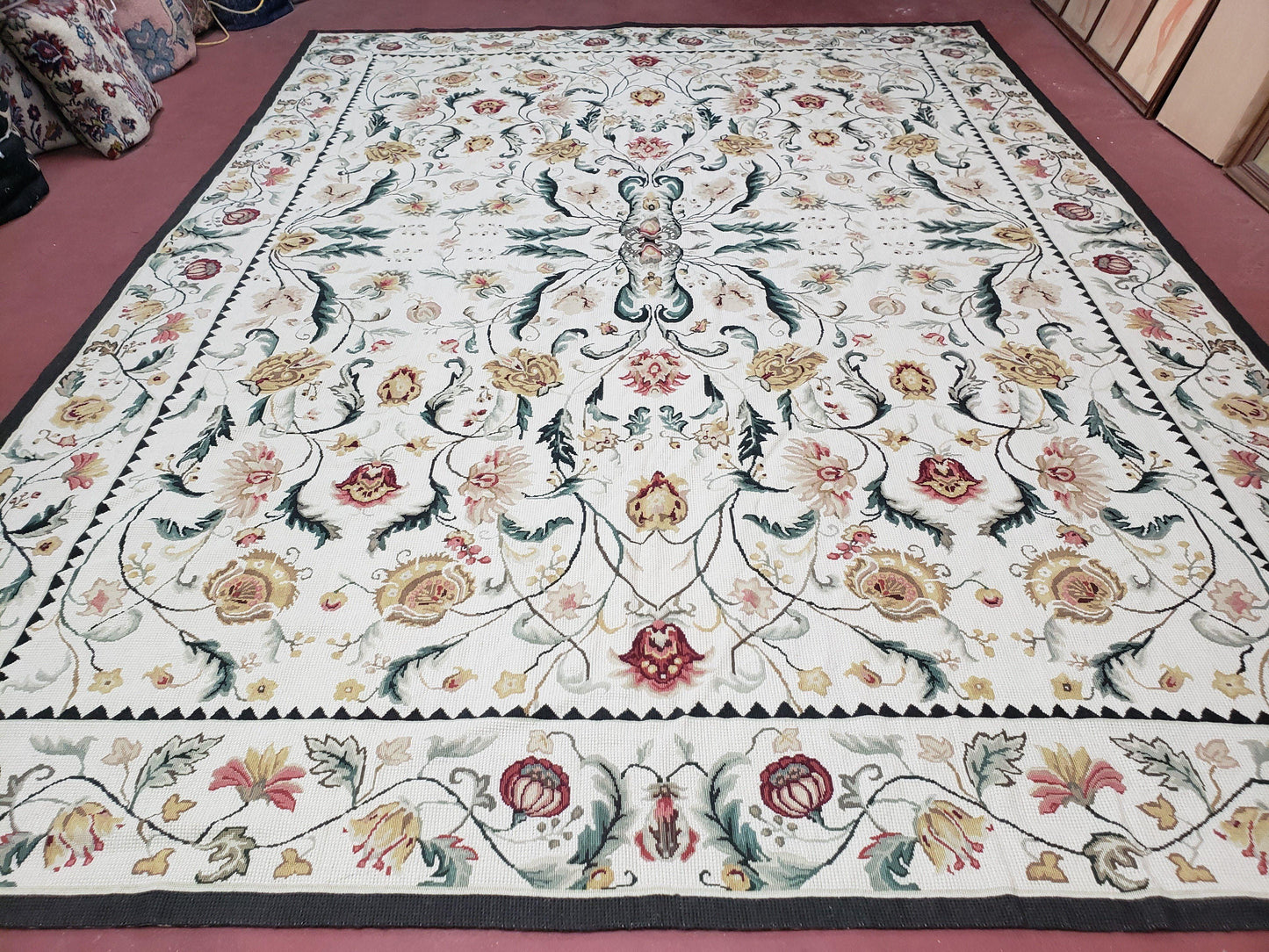 New Needlepoint Rug 9x12, Hand Woven Wool Area Rug, Flatweave Carpet, Handmade Chinese Needlepoint, Floral European Design, Ivory Background - Nuvé
