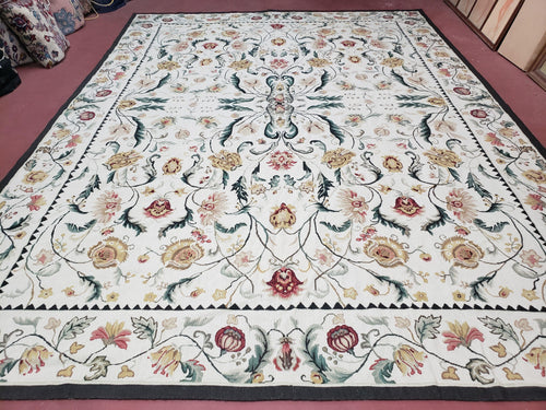 New Needlepoint Rug 9x12, Hand Woven Wool Area Rug, Flatweave Carpet, Handmade Chinese Needlepoint, Floral European Design, Ivory Background - Nuvé
