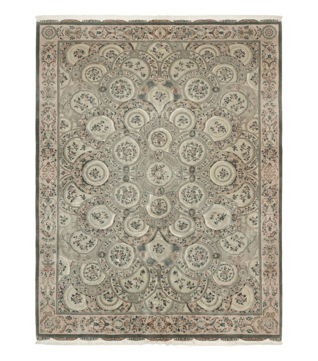 Pak Persian Rug 9x12, Wool with Silk Highlights, European Design, Floral, Green