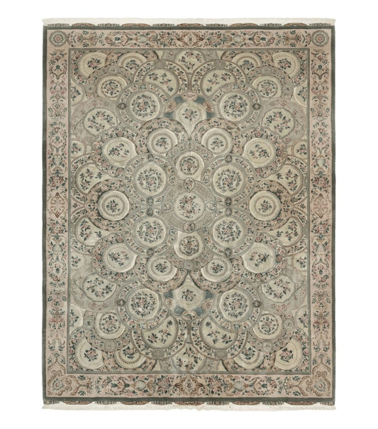 Pak Persian Rug 9x12, Wool with Silk Highlights, European Design, Floral, Green