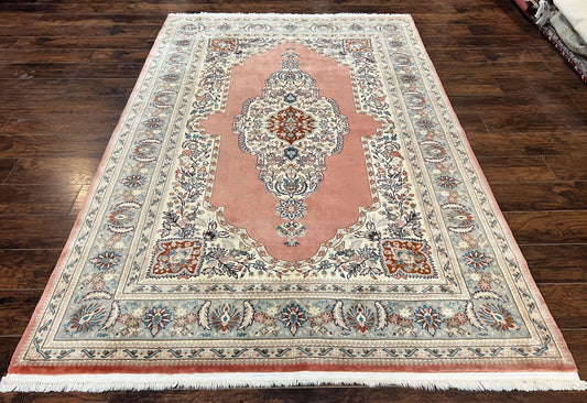 Indo Persian Rug 6x9, Semi Open Field Medallion Rug, Vintage Hand Knotted Wool Oriental Carpet, Traditional Rug, Light Pink, Medium Size - Nuvé