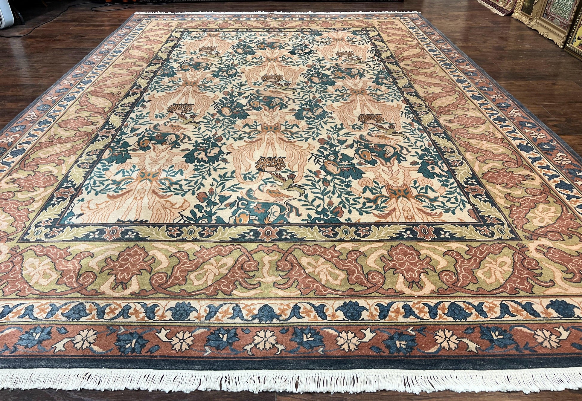 10x13 Wool Rug, Floral Pattern, Birds, Handmade Vintage Carpet, Couristan Rug, Beige - Nuvé