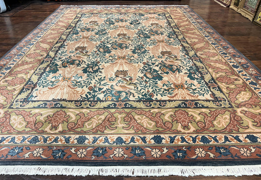 10x13 Wool Rug, Floral Pattern, Birds, Handmade Vintage Carpet, Couristan Rug, Beige - Nuvé