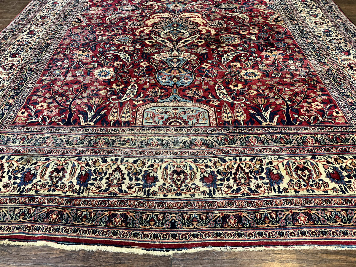 Antique Persian Mashad Rug 10x12, Red and Ivory, Signed by Master Weaver