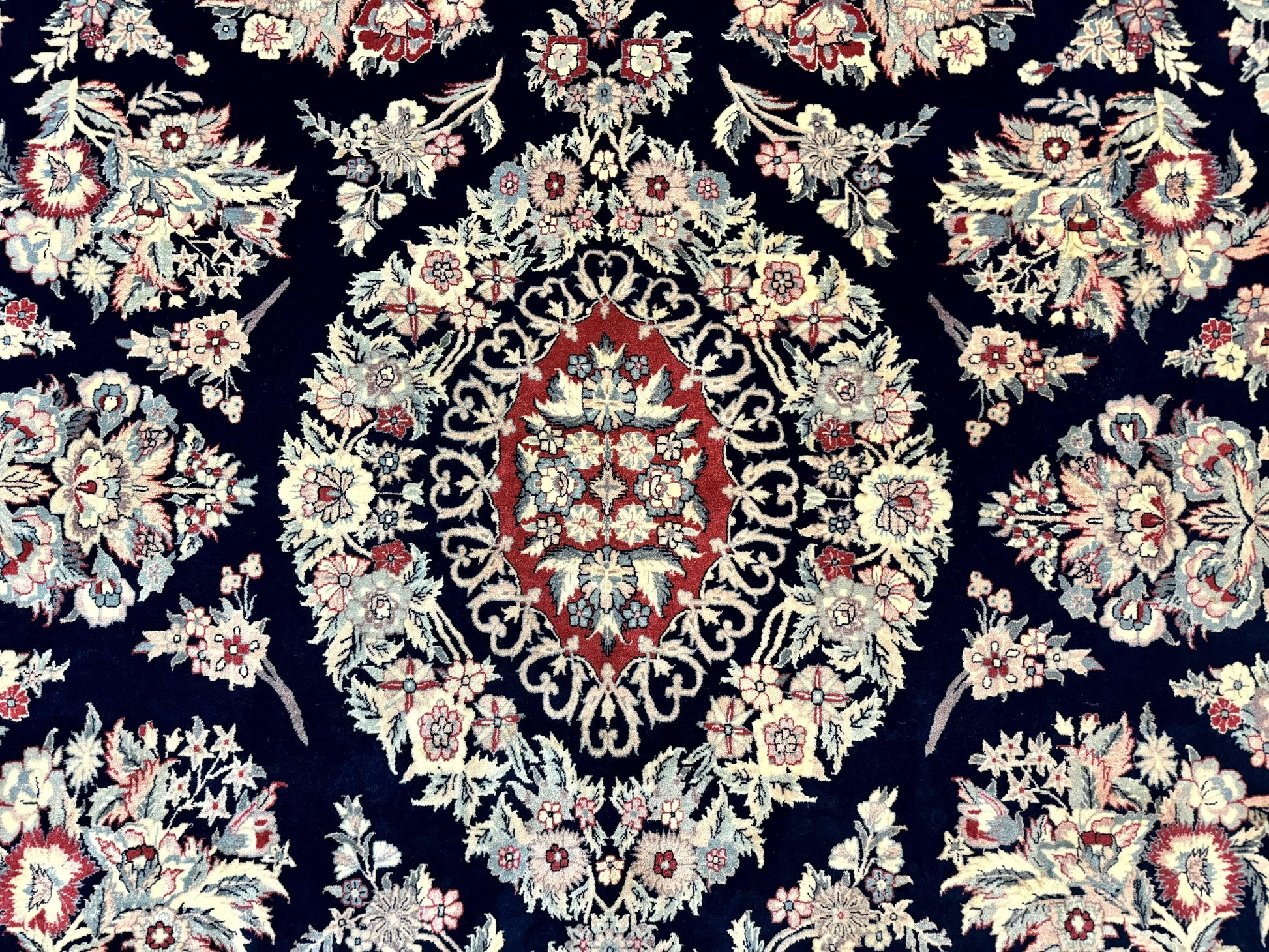 Sino Persian Rug 8x10, Floral Kirman Carpet, Navy Blue and Red, Floral Vases, Handmade Vintage Wool Carpet, 320 KPSI - Nuvé