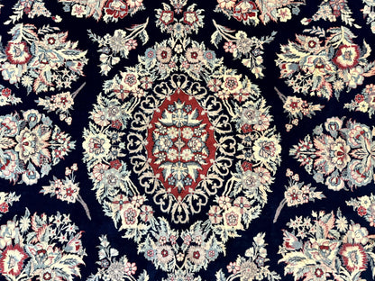 Sino Persian Rug 8x10, Floral Kirman Carpet, Navy Blue and Red, Floral Vases, Handmade Vintage Wool Carpet, 320 KPSI - Nuvé