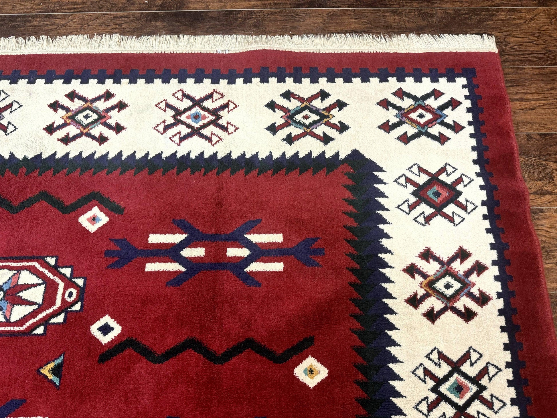 Belgium Power Loomed Rug 8x11, Navajo Native American Design, Dark Red and Ivory, Tribal Rug, Bohemian Carpet - Nuvé