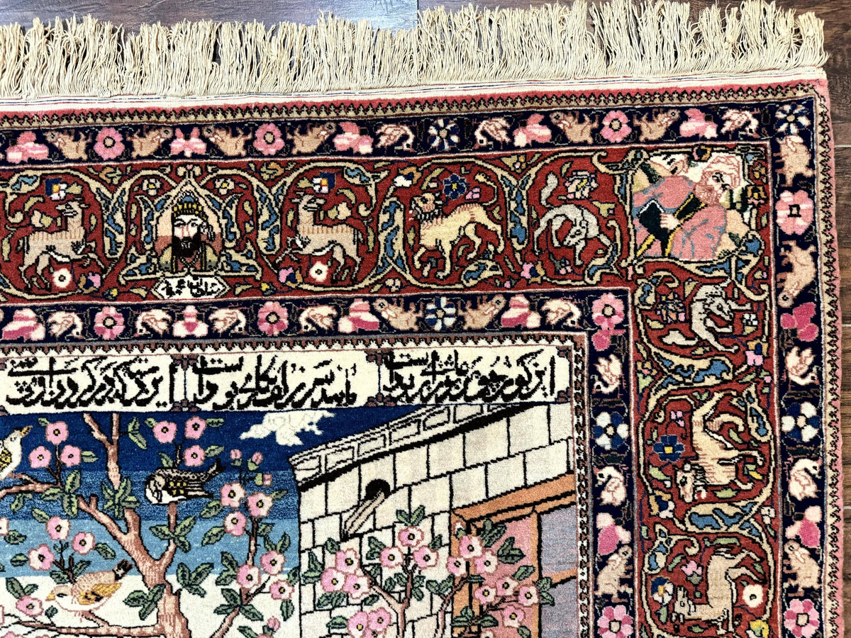 Wonderful Persian Kashan Pictorial Rug 4.7 x 6.5, Persian Rug for Wall Hanging, Handmade Antique Wool Carpet Animal Motifs Poetry Lovers, 240 KPSI