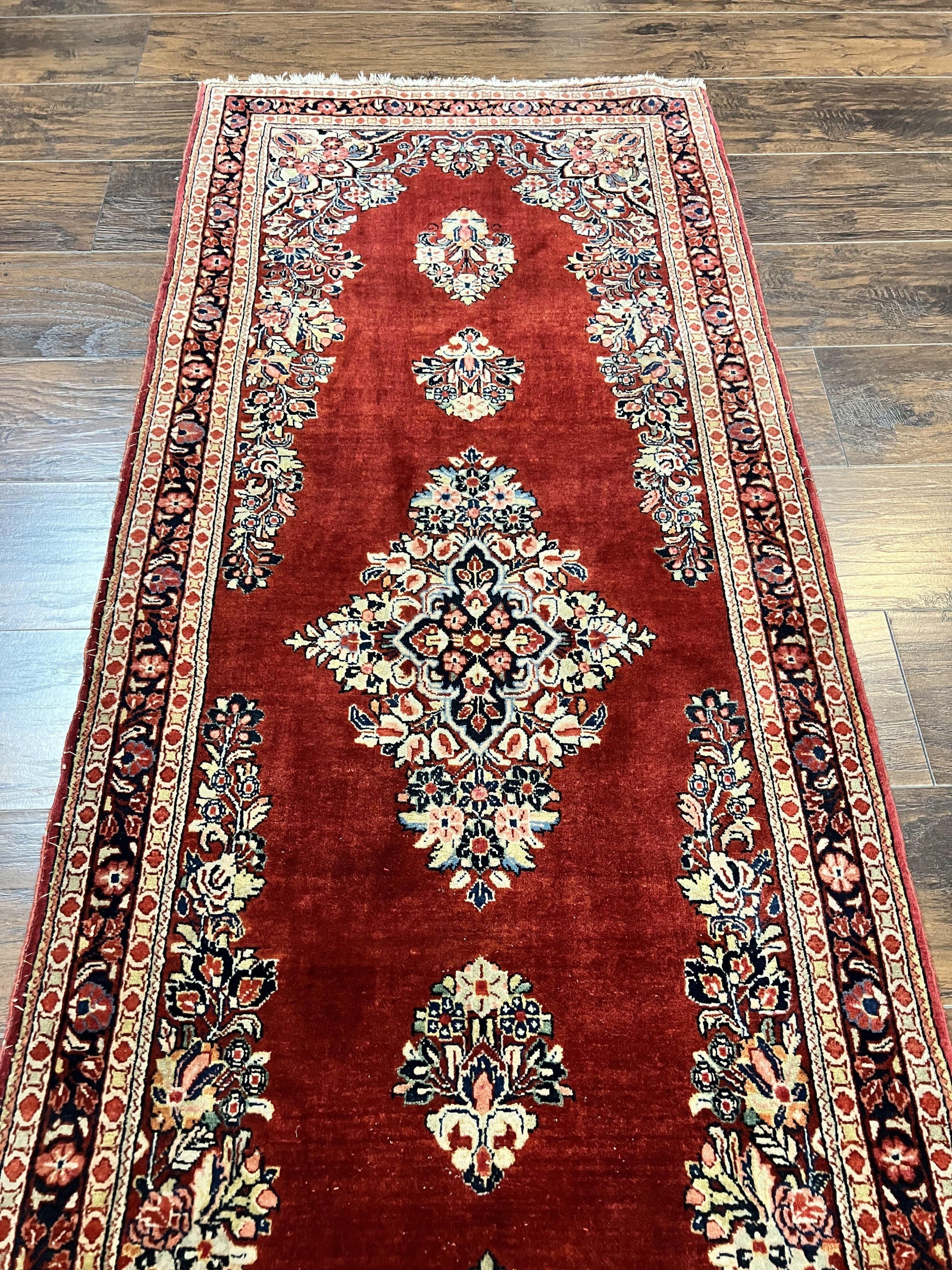 Persian Sarouk Runner Rug 2.7 x 6, Semi Open Field, Red, Handmade Hand Knotted, Wool Oriental Carpet, Vintage Semi Antique - Nuvé