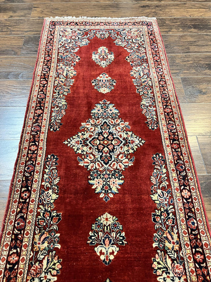 Persian Sarouk Runner Rug 2.7 x 6, Semi Open Field, Red, Handmade Hand Knotted, Wool Oriental Carpet, Vintage Semi Antique - Nuvé