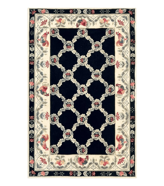 Hooked Rug 5x8, European Aubusson Pattern, Black and Ivory, Roses & Roosters, Vintage Wool Rug
