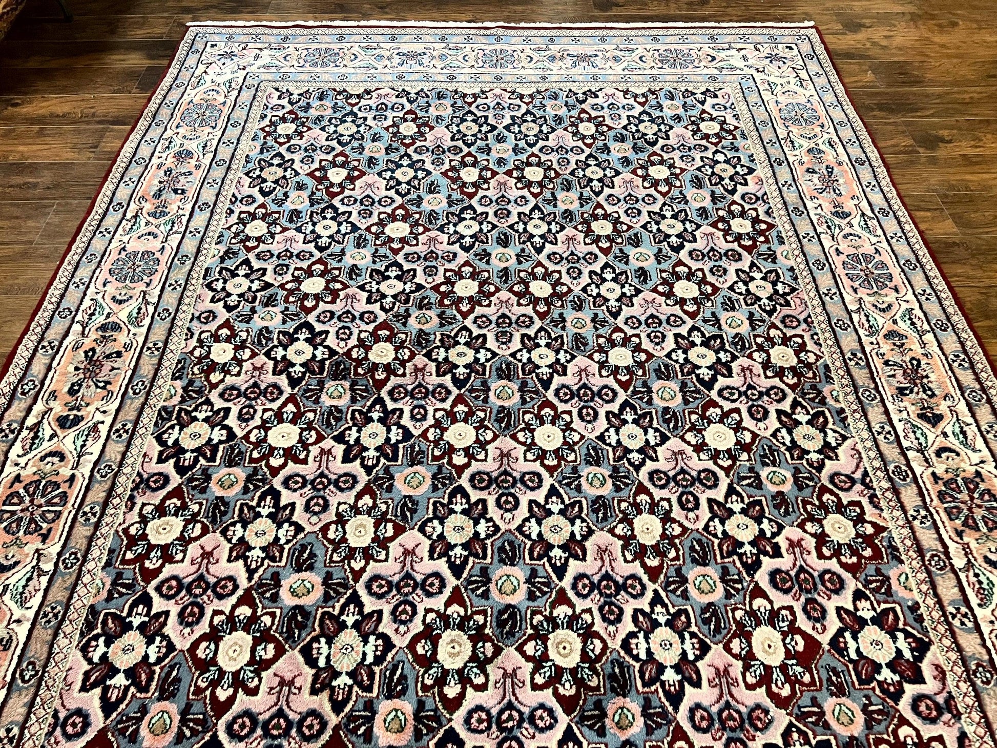 Indo Persian Rug 8x10, Repeated Allover Pattern, Navy Blue Ivory, Handmade Vintage Wool Carpet - Nuvé