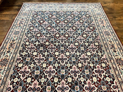 Indo Persian Rug 8x10, Repeated Allover Pattern, Navy Blue Ivory, Handmade Vintage Wool Carpet - Nuvé