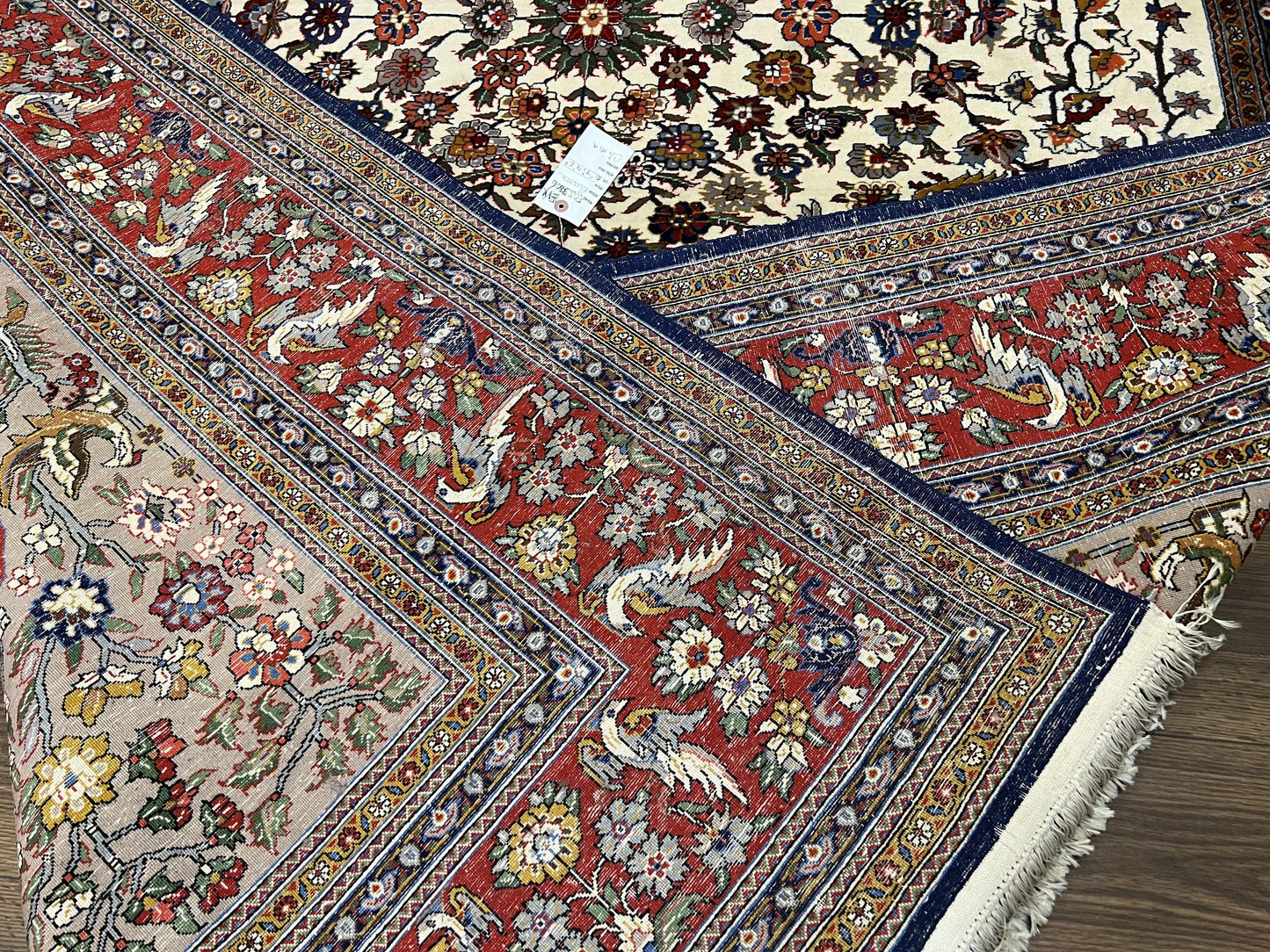 Beautiful Sino Persian Rug 7x10, Circle of Life Tree of Life Rug, Birds, Cream Red Navy Blue Taupe, Wool Silk Accents, Hand Knotted Vintage - Nuvé