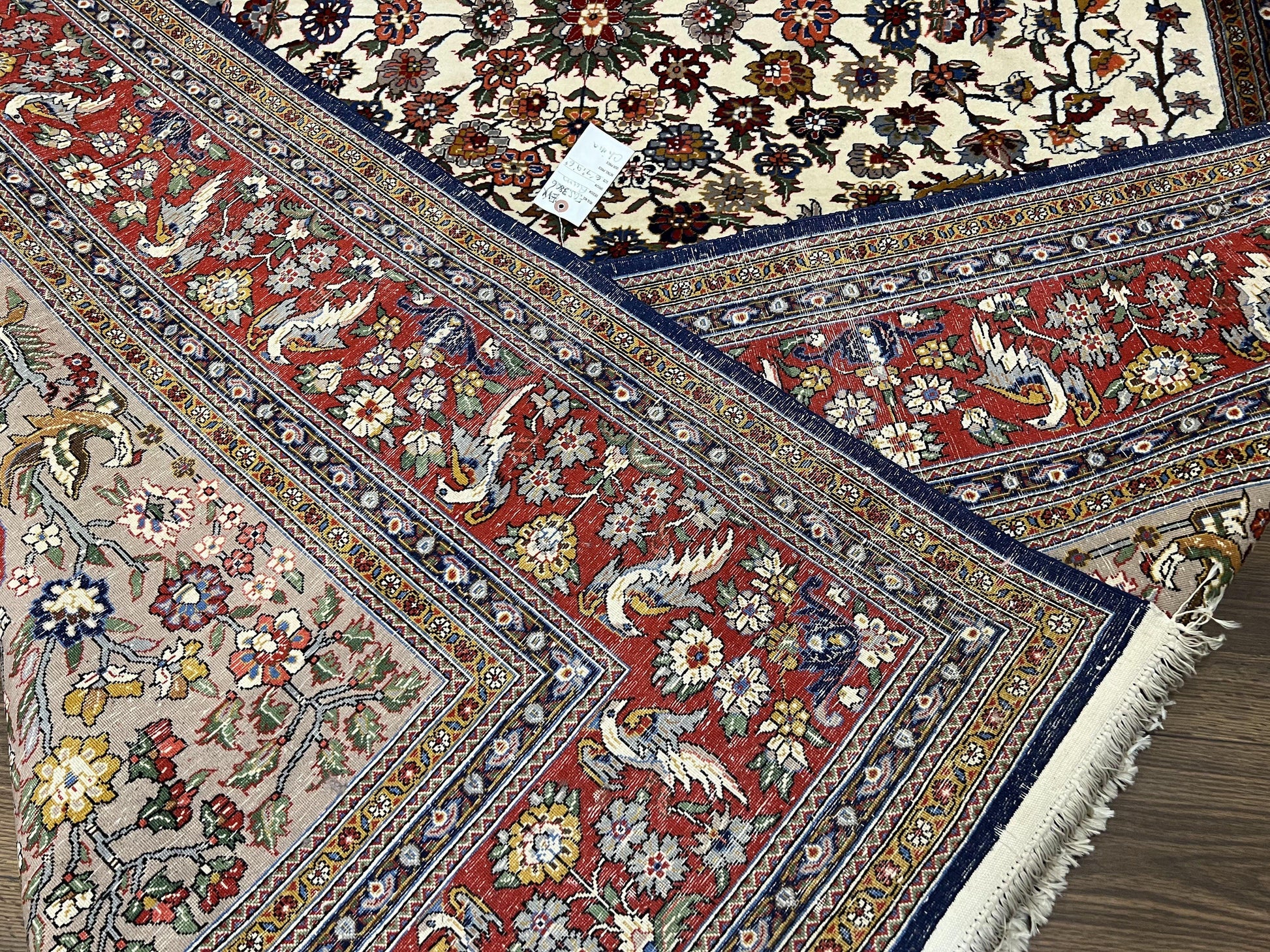 Beautiful Sino Persian Rug 7x10, Circle of Life Tree of Life Rug, Birds, Cream Red Navy Blue Taupe, Wool Silk Accents, Hand Knotted Vintage - Nuvé