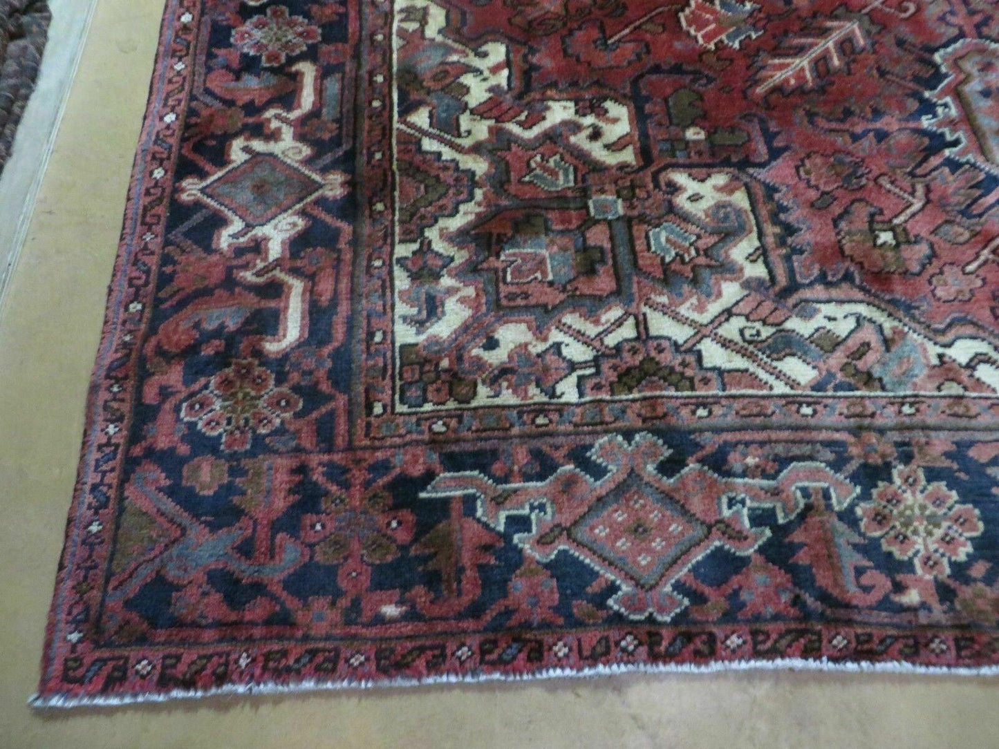 Persian Rug 8x11 Room Sized Heriz Carpet, Hand Knotted Wool Rug, Vintage Semi Antique, Geometric Medallion, Wine Red Cream Dark Blue, Wow - Nuvé