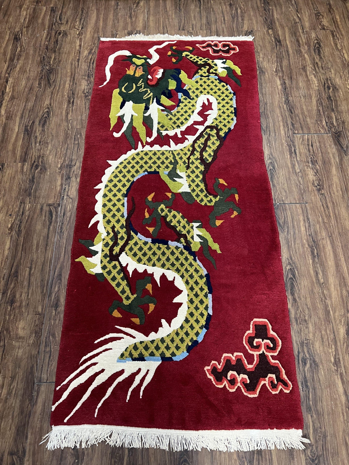 Vintage Chinese Dragon Rug 3 x 6.8, Handmade Hand Knotted Red Chinese Carpet with Gold Dragon, Art Deco Peking Soft Chinese Rug Runner - Nuvé