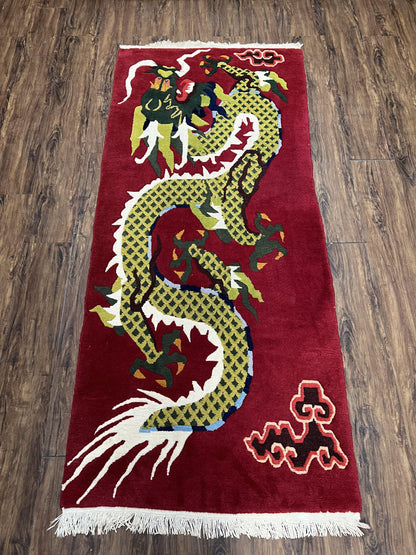 Vintage Chinese Dragon Rug 3 x 6.8, Handmade Hand Knotted Red Chinese Carpet with Gold Dragon, Art Deco Peking Soft Chinese Rug Runner - Nuvé