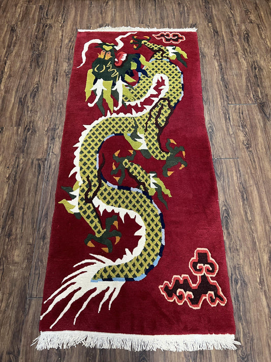 Vintage Chinese Dragon Rug 3 x 6.8, Handmade Hand Knotted Red Chinese Carpet with Gold Dragon, Art Deco Peking Soft Chinese Rug Runner - Nuvé