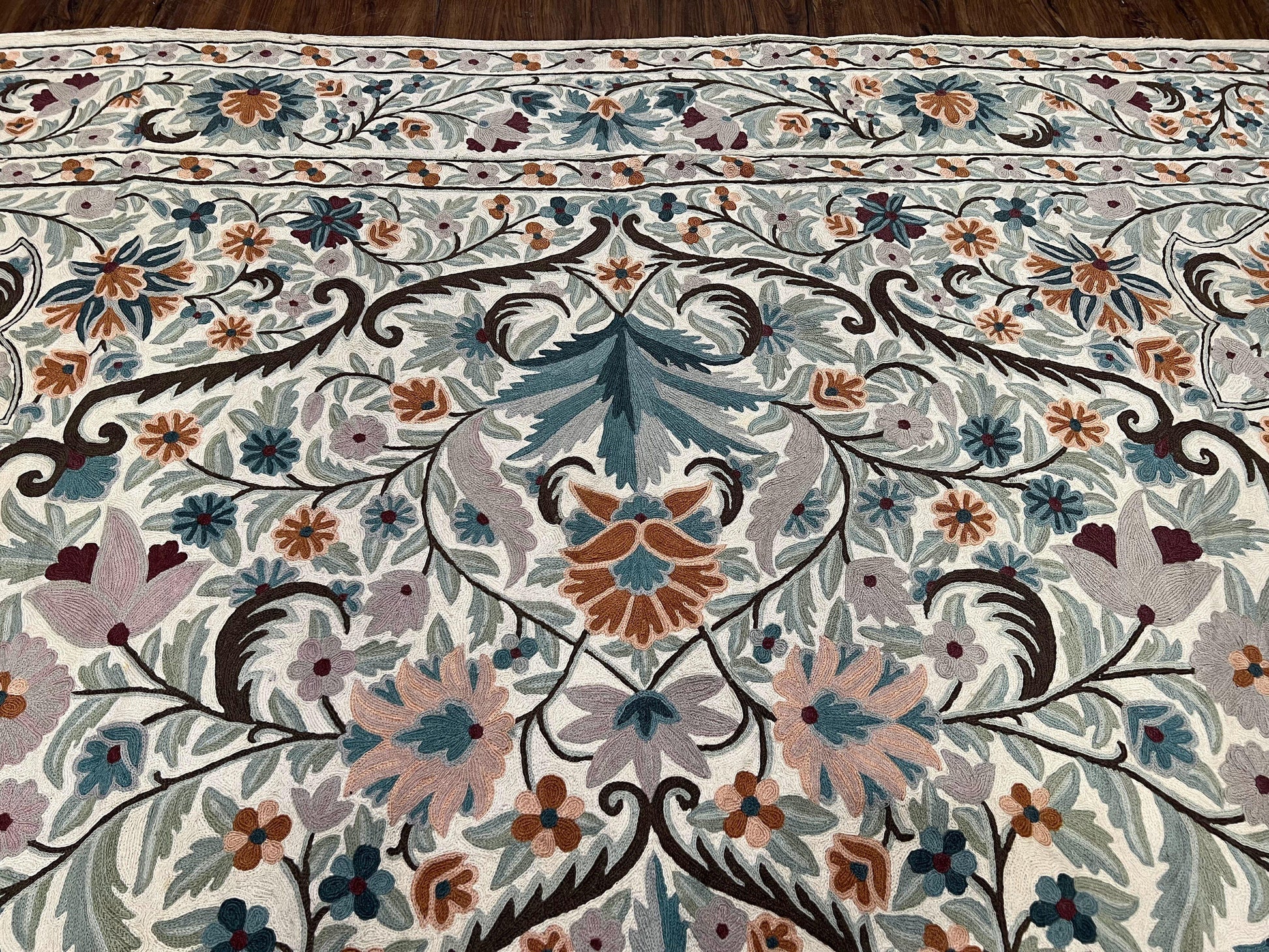 Chain Stitched Rug 9x12 Vintage Carpet 9 x 12 Flatweave Rug, Ivory Teal Rug, Area Rug 9 by 12, Hand Stitched Rug, Medallion, Indian Rug - Nuvé