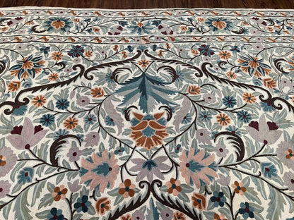 Chain Stitched Rug 9x12 Vintage Carpet 9 x 12 Flatweave Rug, Ivory Teal Rug, Area Rug 9 by 12, Hand Stitched Rug, Medallion, Indian Rug - Nuvé