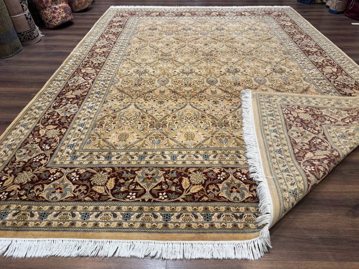 Fine Pak Persian Rug 9x12, Gold and Wine Red, Panel Design, 330 KPSI - Nuvé