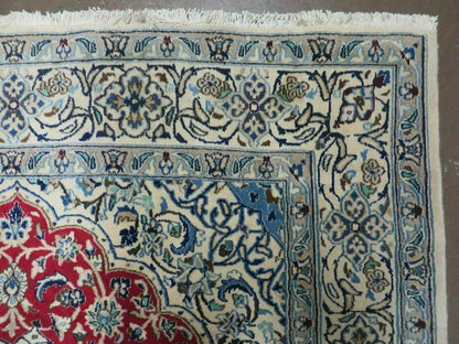 Square Persian Nain Rug 6.3 x 6.8, Hand-Knotted Wool with Silk Accents, Ivory Red Blue - Nuvé