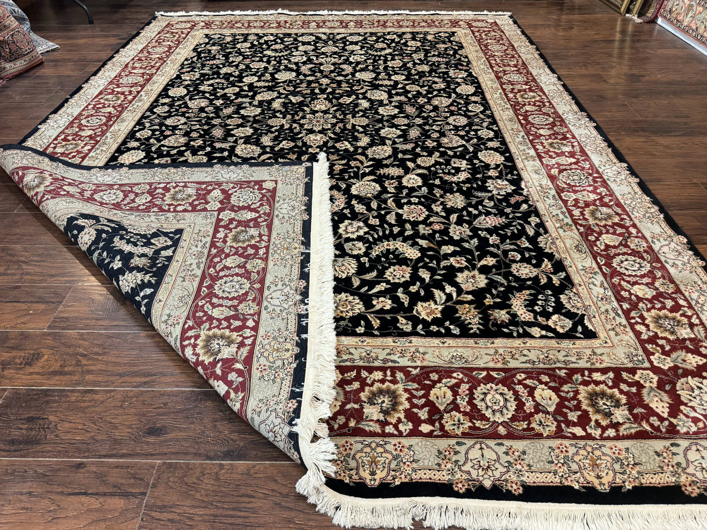 Sino Persian Rug 9x12, Fine Elegant Oriental Carpet 200 KPSI, Black and Dark Red, Allover Floral - Nuvé