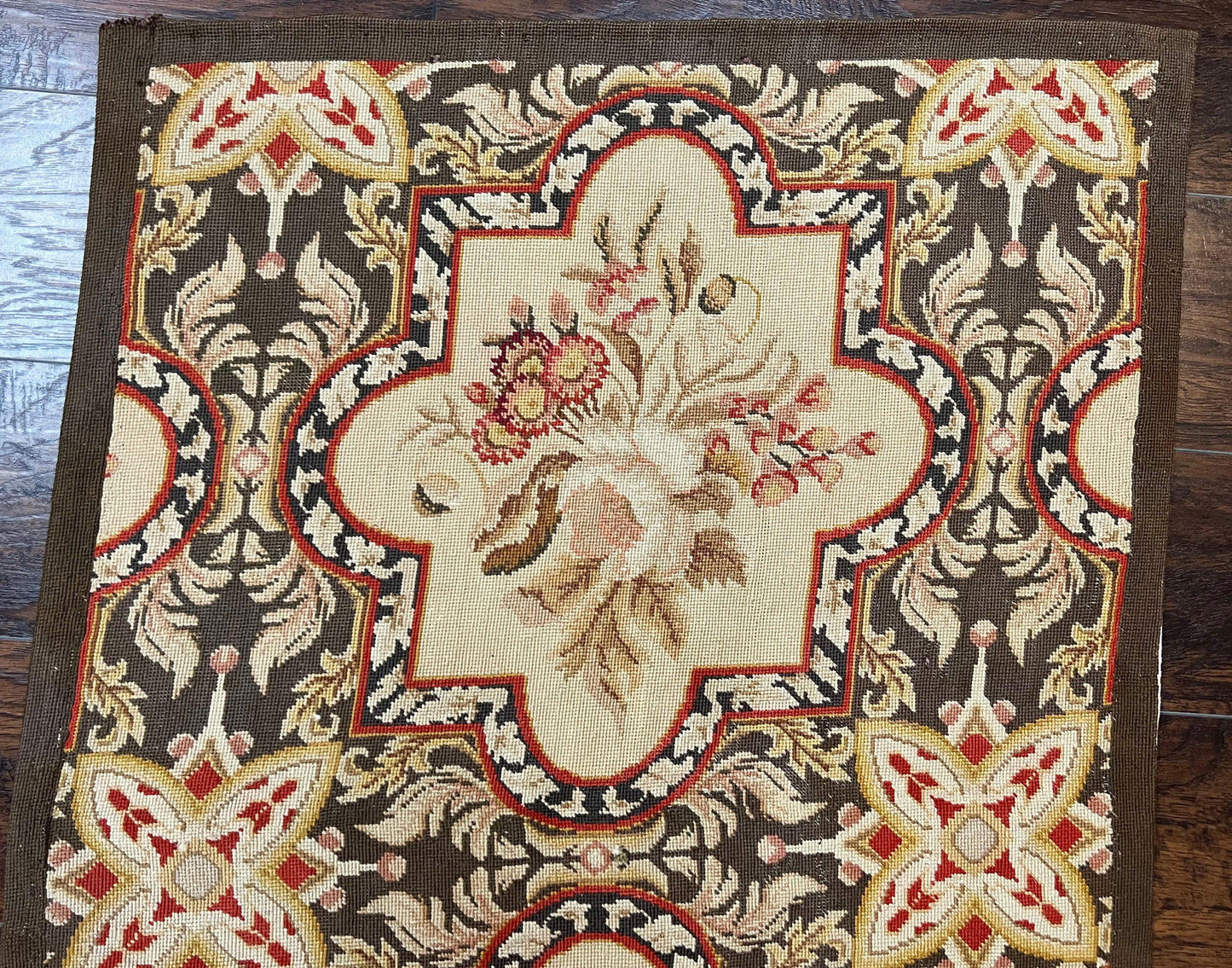 Needlepoint Runner Rug 2.8 x 9.8, Brown and Beige, Handwoven Handmade Floral French European Design, Vintage Flatweave 10ft Wool Runner Rug - Nuvé