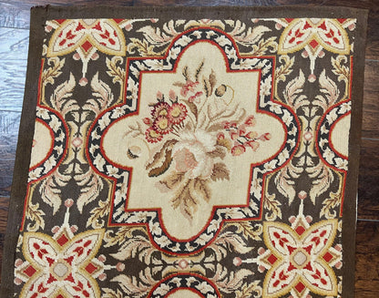 Needlepoint Runner Rug 2.8 x 9.8, Brown and Beige, Handwoven Handmade Floral French European Design, Vintage Flatweave 10ft Wool Runner Rug - Nuvé
