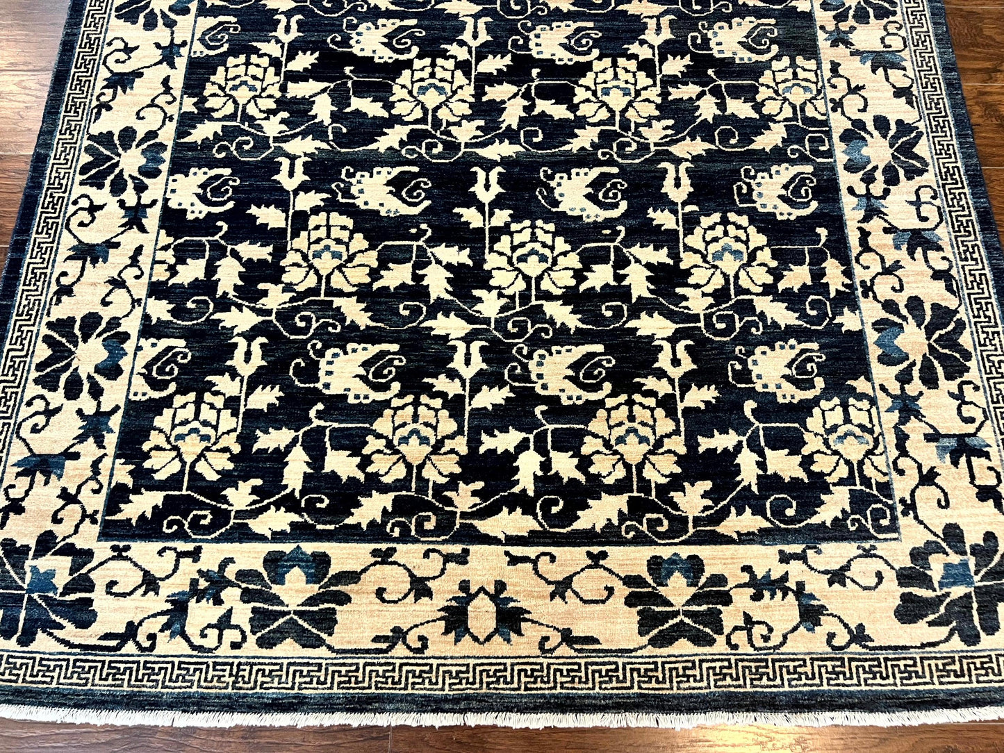 Sino Persian Rug 6x9, Hand Knotted Wool Carpet, Floral Allover, Blue Cream-Tan - Nuvé