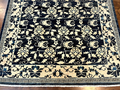 Sino Persian Rug 6x9, Hand Knotted Wool Carpet, Floral Allover, Blue Cream-Tan - Nuvé