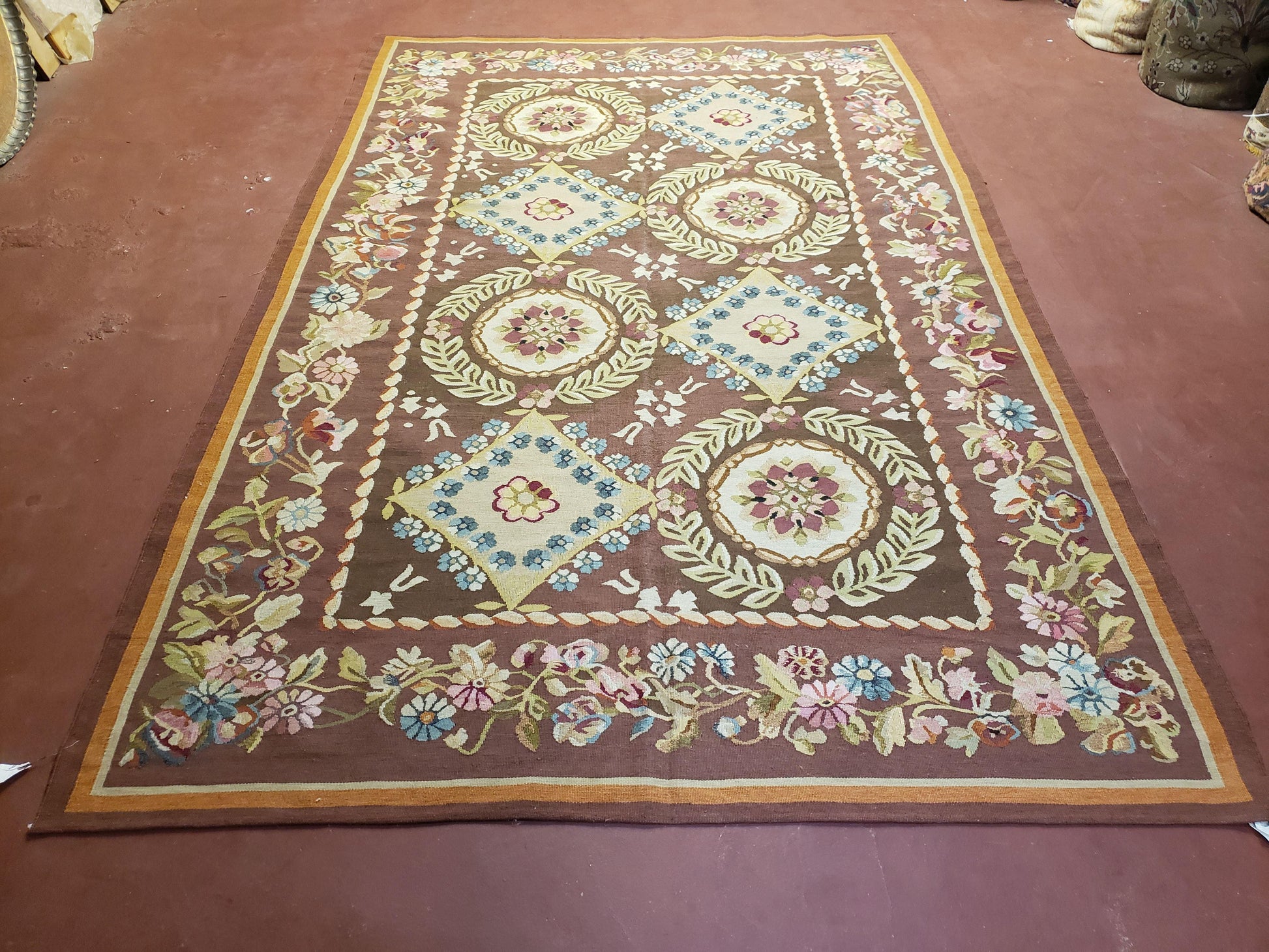 Aubusson Rug 6 x 9 Flat Weave Area Carpet European Design Flowers New Brown Rug Handmade Wool Hand-Knotted Aubusson Weave Medium Rug 6x9 - Nuvé