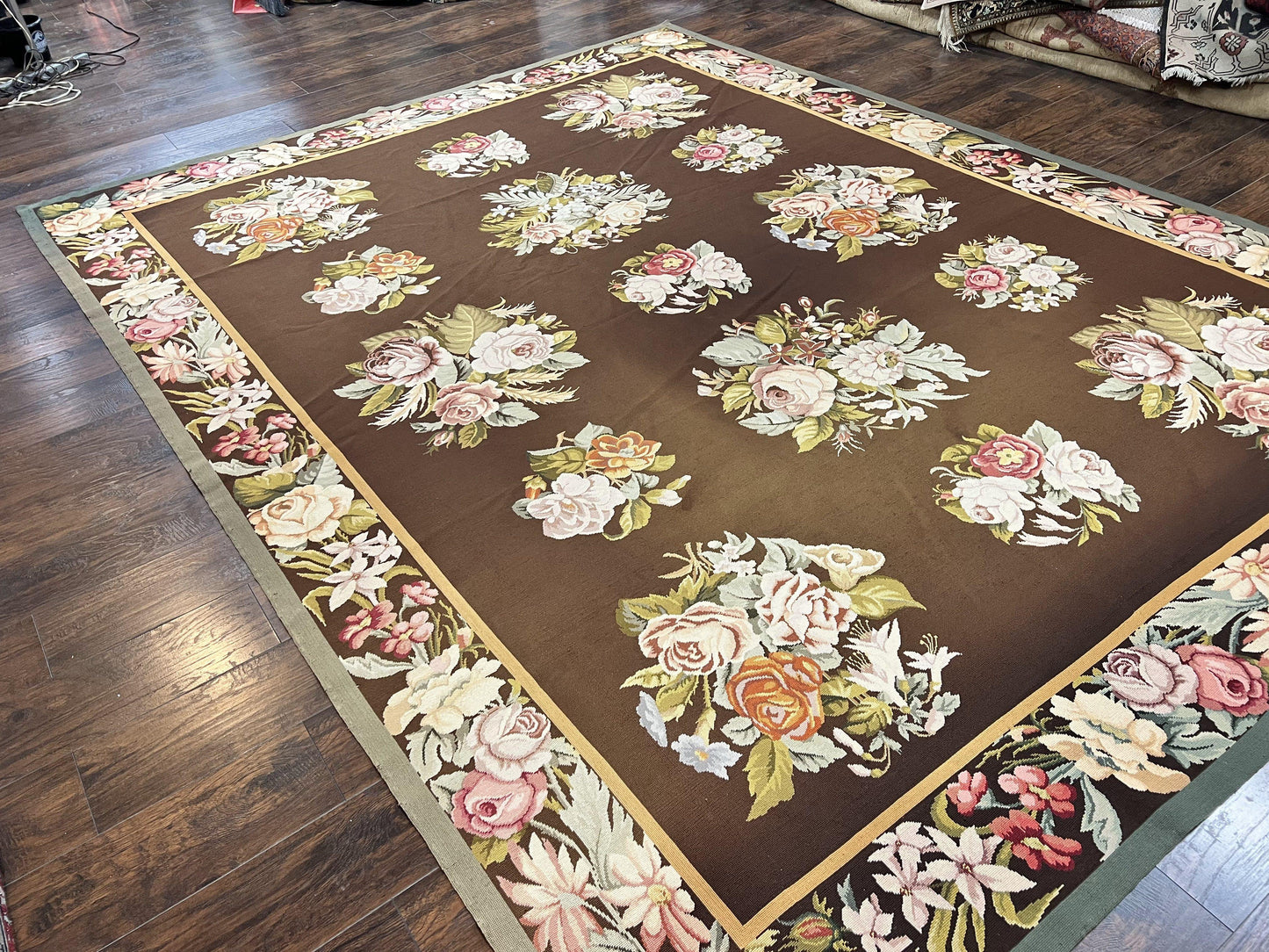 Vintage Needlepoint Rug 9x12, Large Handmade Hand-woven Needlepoint Carpet, Brown Area Rug, Floral Bouquets, Wool Rug, European Design - Nuvé