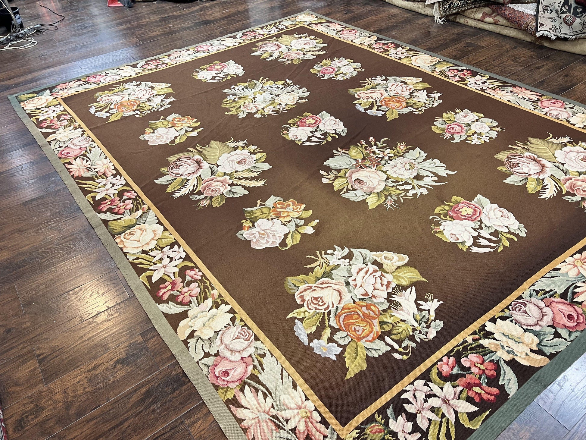 Vintage Needlepoint Rug 9x12, Large Handmade Hand-woven Needlepoint Carpet, Brown Area Rug, Floral Bouquets, Wool Rug, European Design - Nuvé