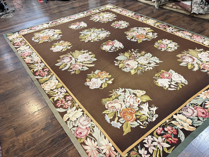 Vintage Needlepoint Rug 9x12, Large Handmade Hand-woven Needlepoint Carpet, Brown Area Rug, Floral Bouquets, Wool Rug, European Design - Nuvé