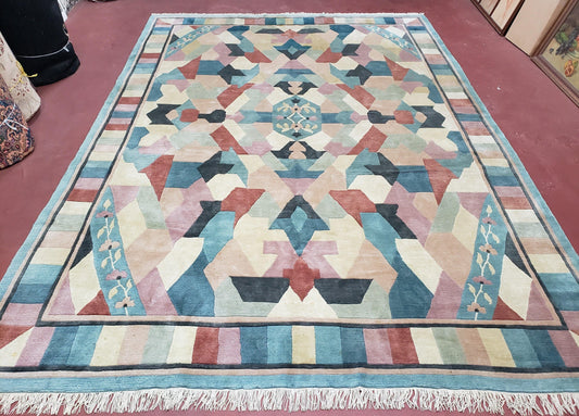 Contemporary Indian Nepalese Area Rug 8x11, Wool Hand-Knotted Modern Multicolor Nepali Abstract Carpet 8 x 11 Soft Playroom Nursery Room Rug - Nuvé