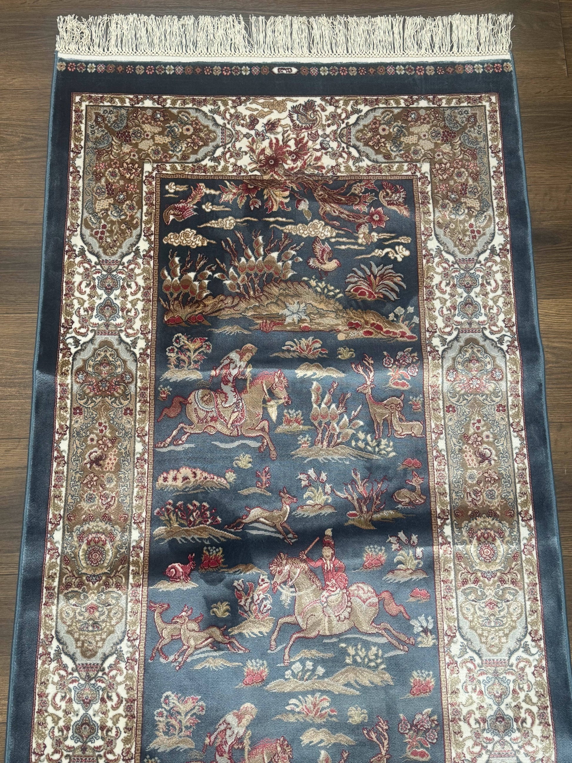 Turkish Silk Rug 2.6 x 6.7, Short Runner Rug, Blue & Ivory, Bamboo Silk, New - Nuvé