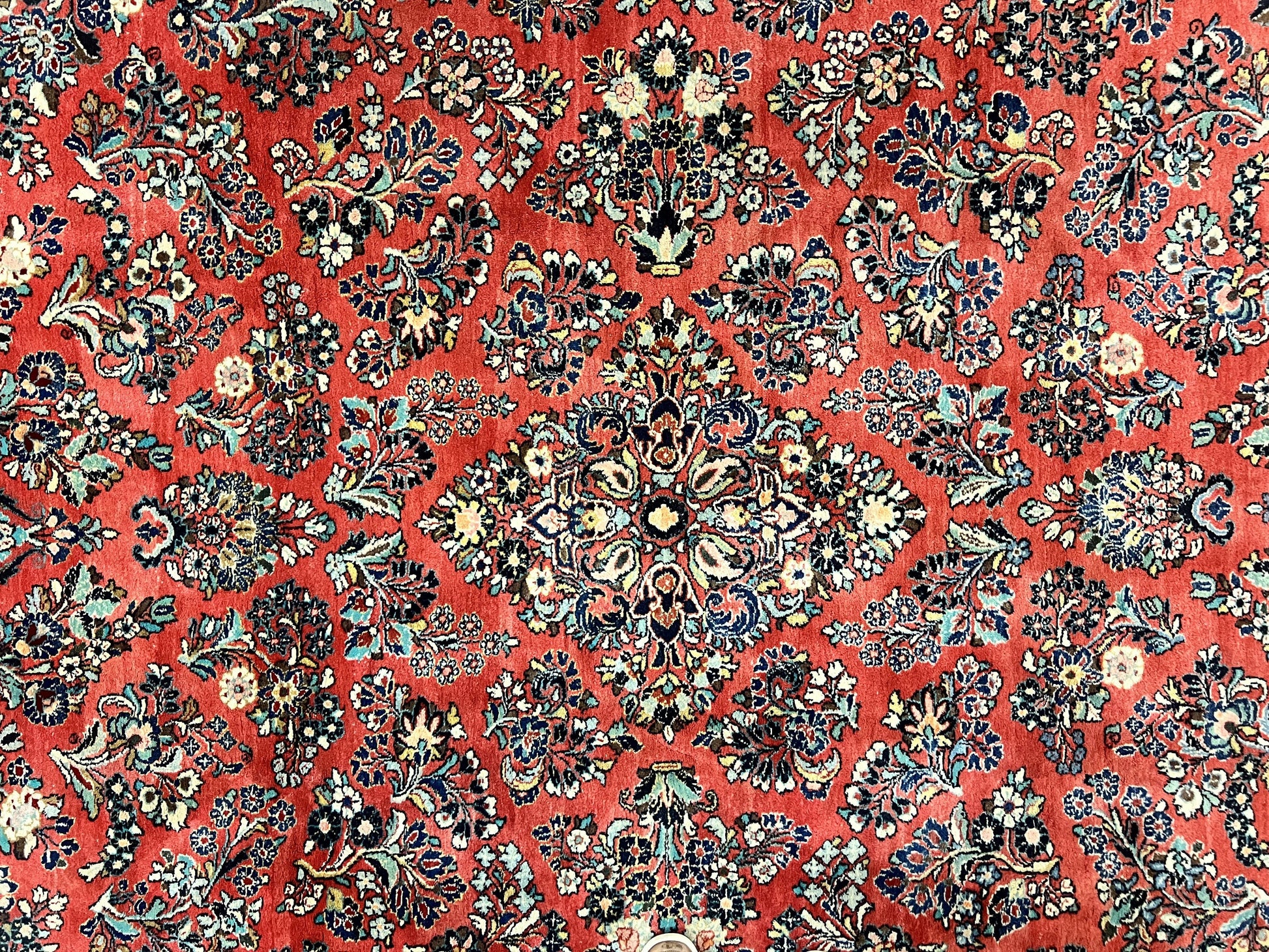 Square Persian Sarouk Rug 11x11 ft, Rare Size, Hand Knotted Wool Floral Allover Red Persian Carpet, Handmade Antique Rug - Nuvé