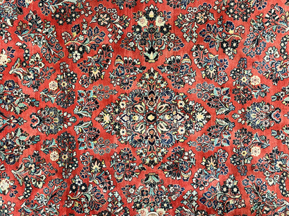 Square Persian Sarouk Rug 11x11 ft, Rare Size, Hand Knotted Wool Floral Allover Red Persian Carpet, Handmade Antique Rug - Nuvé