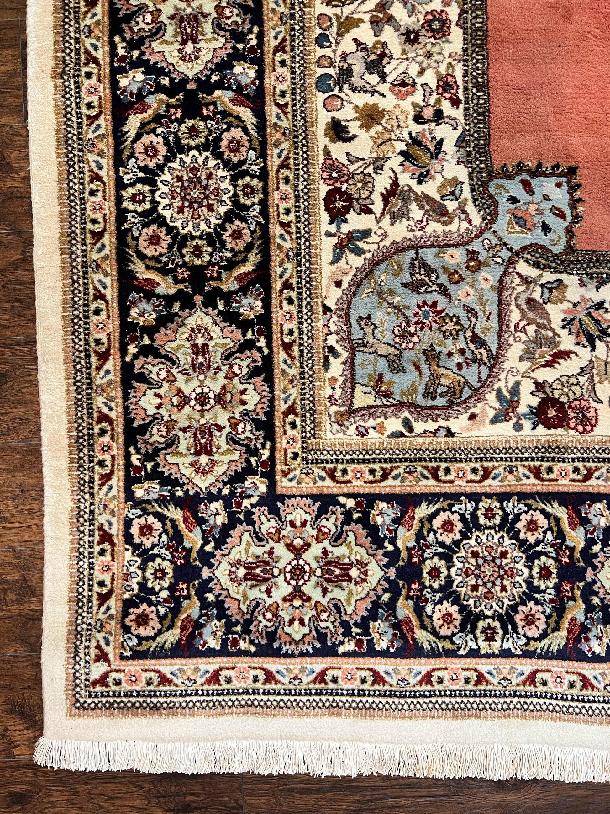 Persian Tabriz Rug 10x13, Wool Hand Knotted Vintage Carpet, Salmon Red & Ivory, Semi Open Field, Birds & Animal Motifs, Large Rug - Nuvé