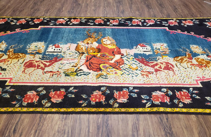 Antique Persian Pictorial Rug 4'6" x 9', Wool Hand-Knotted Blue Roses Karabagh Caucasian Carpet, 1920s Girl Deer Tapestry Wall Hanging Rug - Nuvé