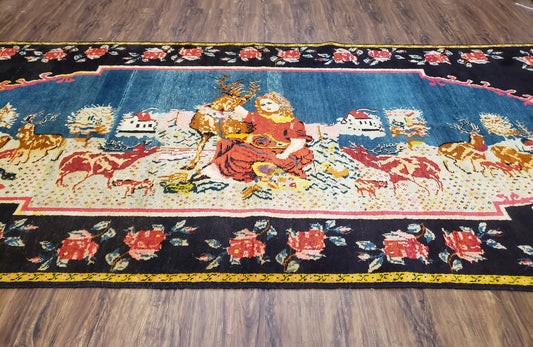 Antique Persian Pictorial Rug 4'6" x 9', Wool Hand-Knotted Blue Roses Karabagh Caucasian Carpet, 1920s Girl Deer Tapestry Wall Hanging Rug - Nuvé