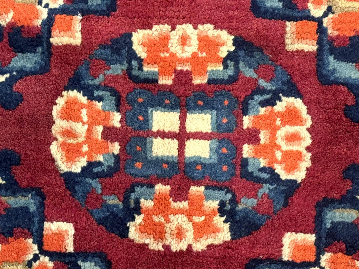Small Antique Chinese Square Rug 2x3, Tibetan Rug, Red Orange Blue, 1920s Rug - Nuvé