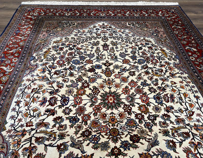 Beautiful Sino Persian Rug 7x10, Circle of Life Tree of Life Rug, Birds, Cream Red Navy Blue Taupe, Wool Silk Accents, Hand Knotted Vintage - Nuvé