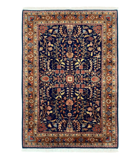 Indo Persian Sarouk Rug 4x6, Blue and Rust Red