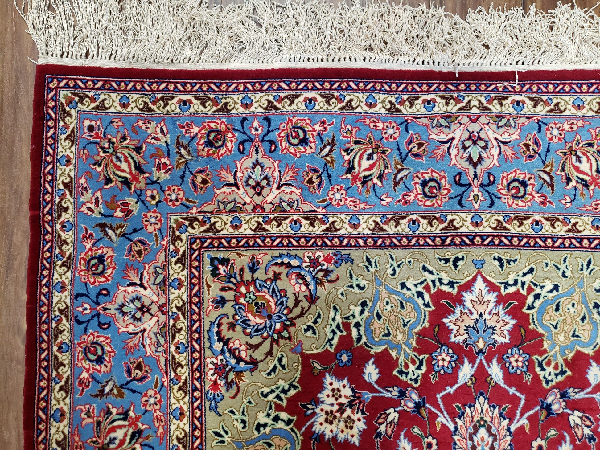 Semi Antique Persian Isfahan Rug, Kork Wool on Silk Foundation, Red & Blue, Top Quality, 3'6" x 5' 6" - Nuvé