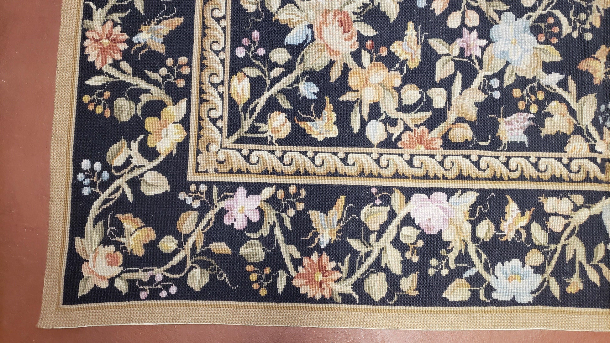 6x9 Vintage Needlepoint Rug Petitepoint Carpet Butterflies Floral Design Dark Brown & Tan 6 x 9 Handmade Flatweave Area Rug - Nuvé