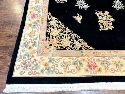 Chinese Wool Rug 9x12, Chinese Carving Carpet, Floral Medallion, Black and Beige, Butterflies, Vintage Asian Oriental Rug, 90 Line Rug - Nuvé