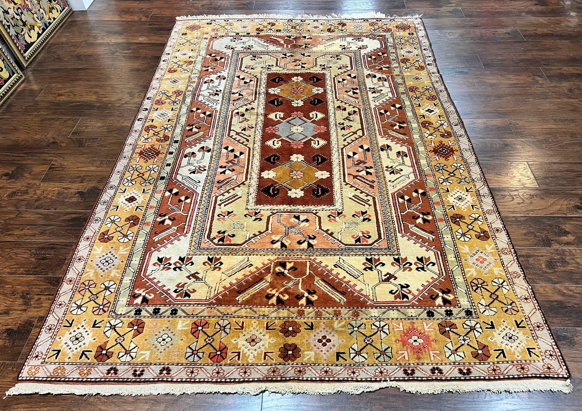 Turkish Rug 7x10, Wool Hand Knotted Vintage Carpet, Geometric Kazak Pattern - Nuvé